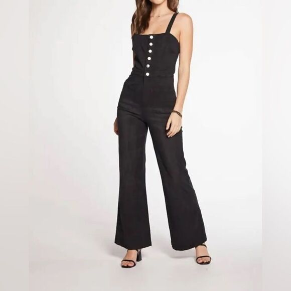 Chaser Stretch Twill Square Neck Button Down Wide Leg Jumpsuit Washed - Black - Picture 1 of 11